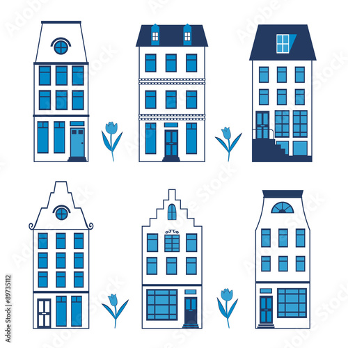 Cute Amsterdam houses colorful set.
