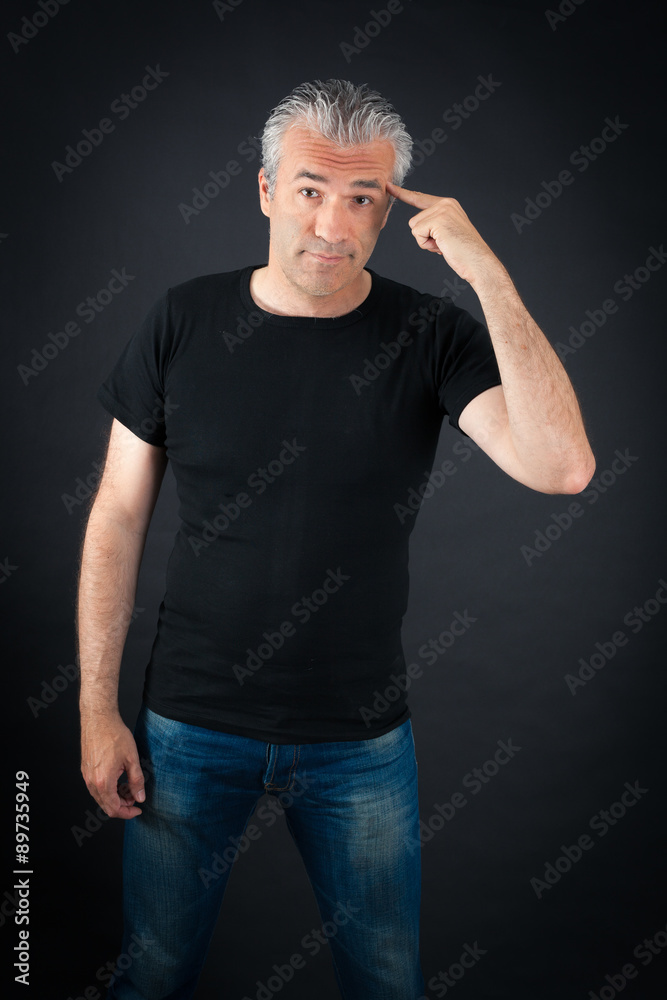 Handsome man doing different expressions in different sets of clothes: you are crazy