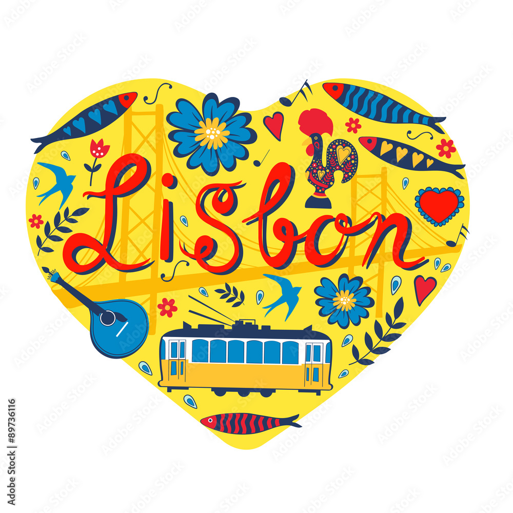 Travel concept card. Illustration of love for Lisbon