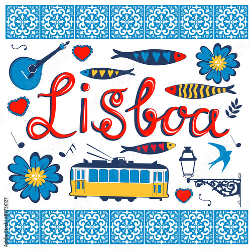 Stylish Portugal typical icons collection
