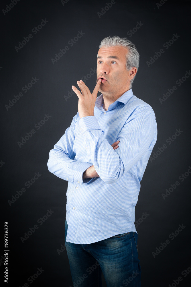 Handsome man doing different expressions in different sets of clothes: thinking Handsome man doing different expressions in different sets of clothes: thinking