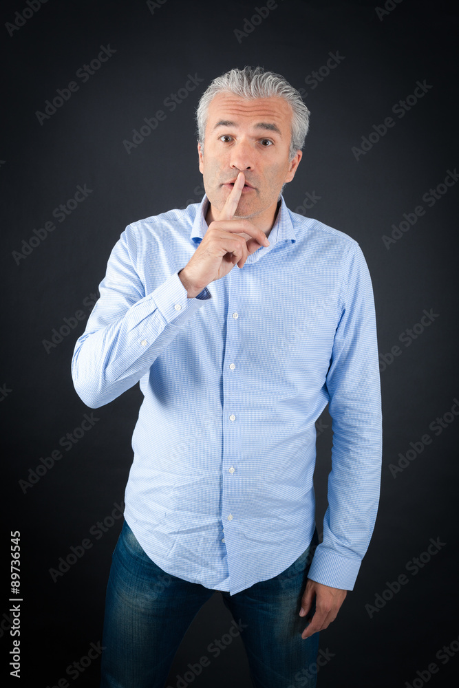 Handsome man doing different expressions in different sets of clothes: be quiet Handsome man doing different expressions in different sets of clothes: be quiet