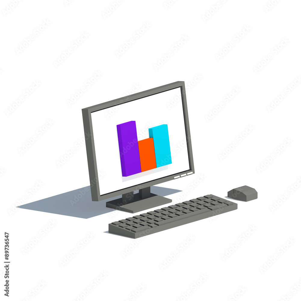 Black Modern Office Computer with Bar graphs - Low poly art style office computer with monitor, mouse and keyboard, against an isolated white background. - 3D Illustration