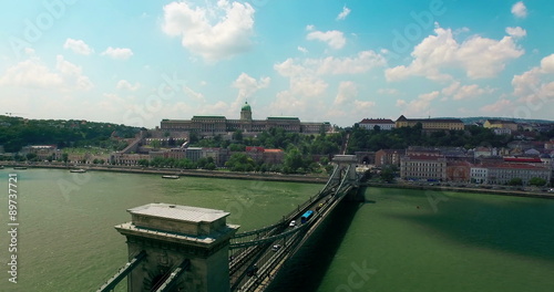 Hungary. Budapest bird eye view. Flying over Chain Bridge. Buda Castle aerial view moving left camera. Travel tourism Landmark of Buda panoramic view.