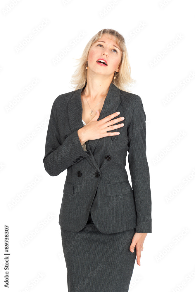 Beautiful businesswoman doing different expressions in different sets of clothes: heart attack Beautiful businesswoman doing different expressions in different sets of clothes: heart attack