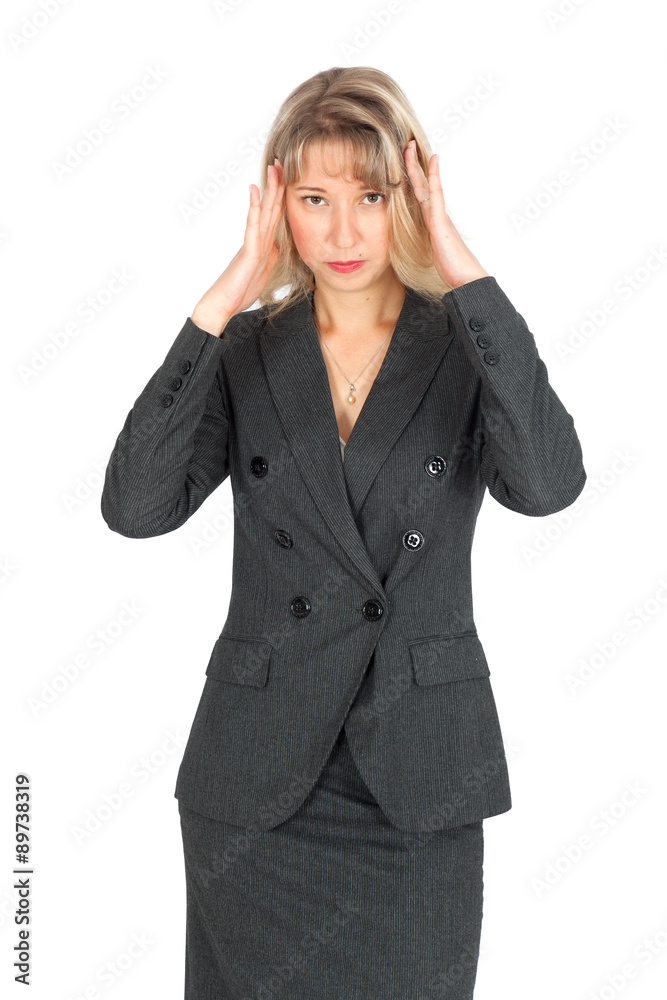 Beautiful businesswoman doing different expressions in different sets of clothes: headache Beautiful businesswoman doing different expressions in different sets of clothes: headache