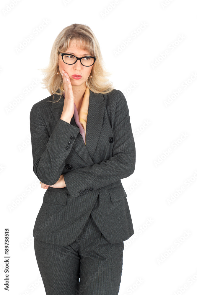 Beautiful businesswoman doing different expressions in different sets of clothes: toothache Beautiful businesswoman doing different expressions in different sets of clothes: toothache