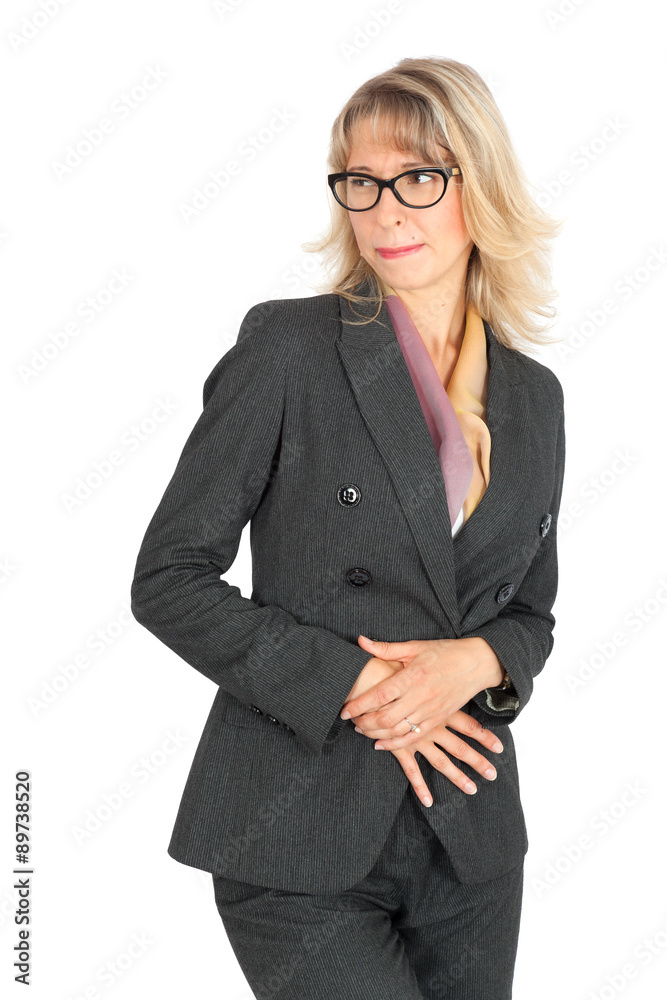 Beautiful businesswoman doing different expressions in different sets of clothes: stomachache Beautiful businesswoman doing different expressions in different sets of clothes: stomachache