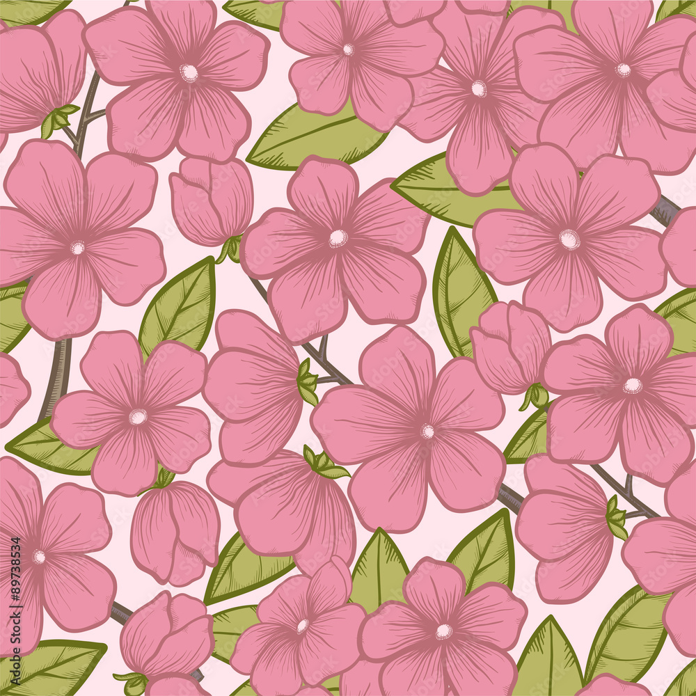 Seamless background with beautiful flowering tree branches, in beautiful pastel colors and graphic style sketch Seamless background with beautiful flowering tree branches, in beautiful pastel colors and graphic style sketch