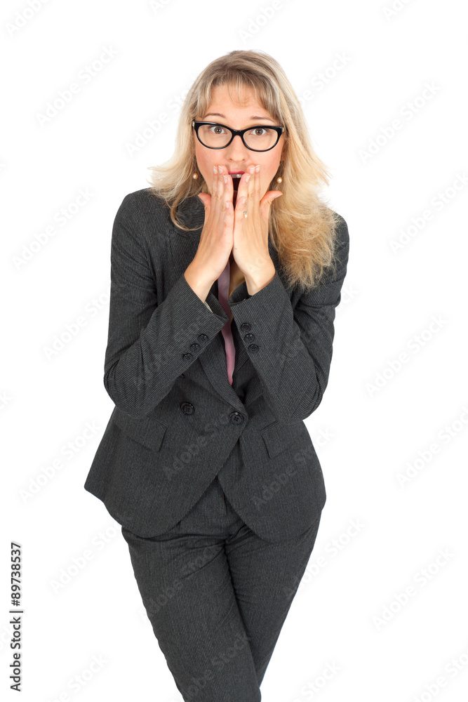 Beautiful businesswoman doing different expressions in different sets of clothes: surprise Beautiful businesswoman doing different expressions in different sets of clothes: surprise