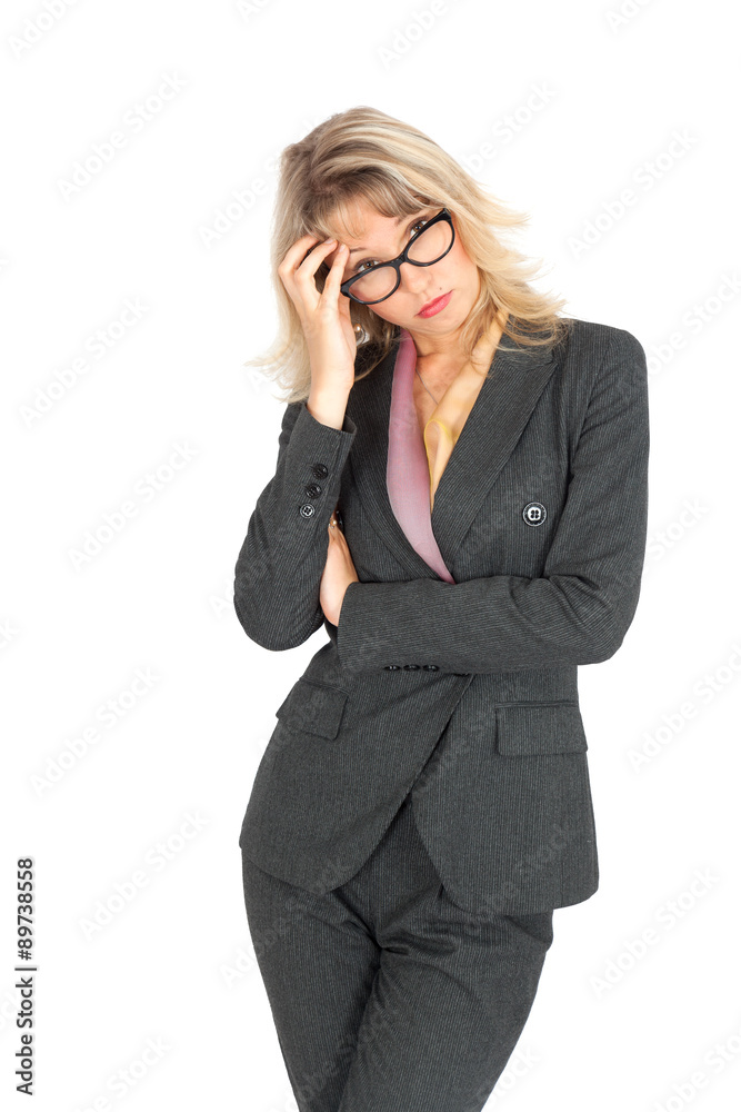 Beautiful businesswoman doing different expressions in different sets of clothes: bored Beautiful businesswoman doing different expressions in different sets of clothes: bored