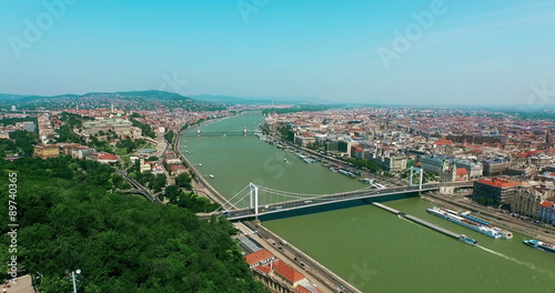 Hungary. Budapest bird eye view. Elisabeth Bridge, Buda and Pest aerial view slow moving camera. Travel tourism Landmark of Danube river and Budapest panoramic view.