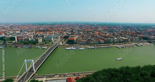 Hungary. Budapest bird eye view. Elisabeth Bridge and Pest aerial view moving forward camera. Travel tourism Landmark of Danube river and Pest panoramic view.