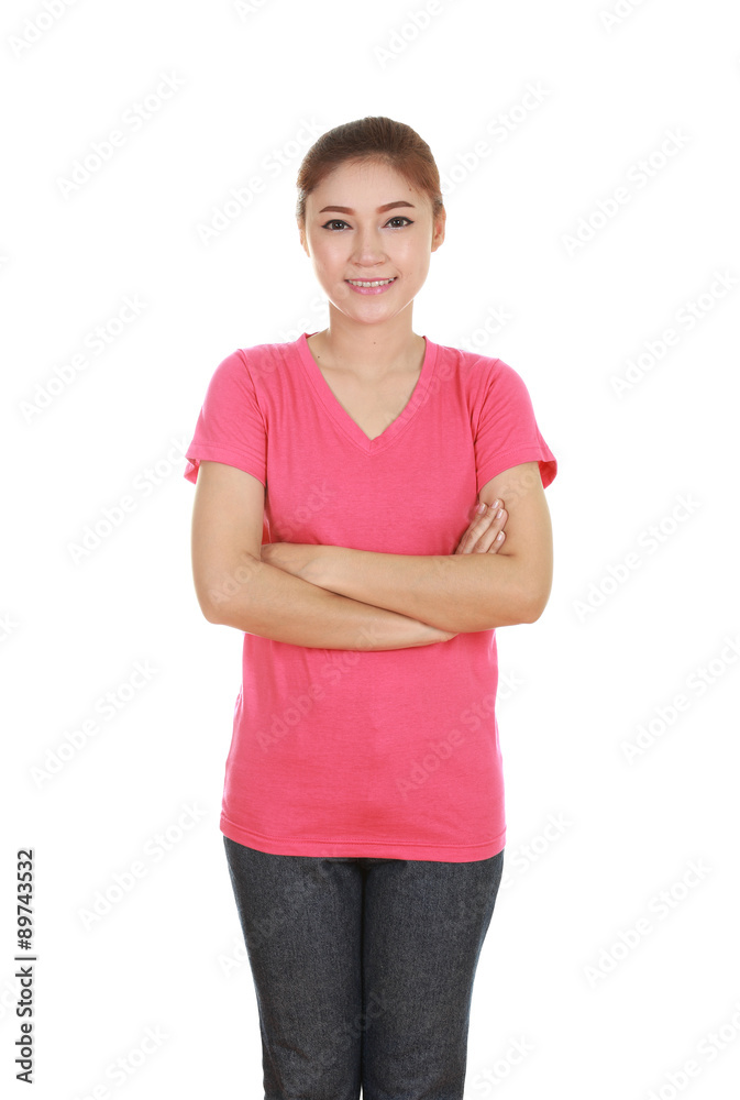 woman with arms crossed, wearing t-shirt
