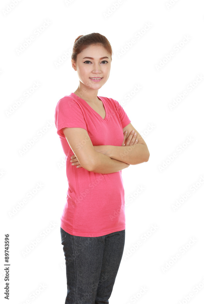 woman with arms crossed, wearing t-shirt