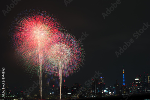 Fireworks in Japan with Tokyo tower