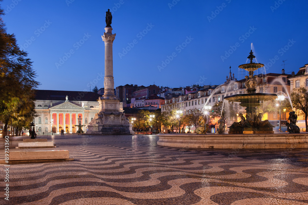 Rossio Square by Night in Lisbon