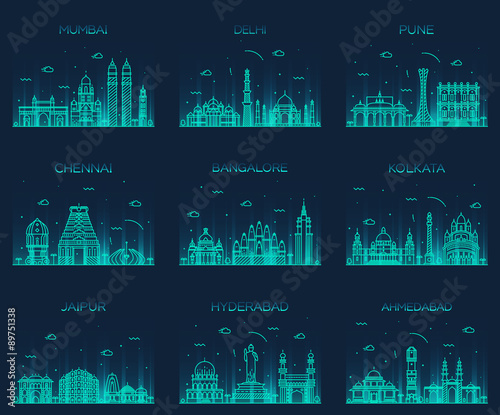 Set Indian skylines Mumbai Delhi Jaipur Kolkata