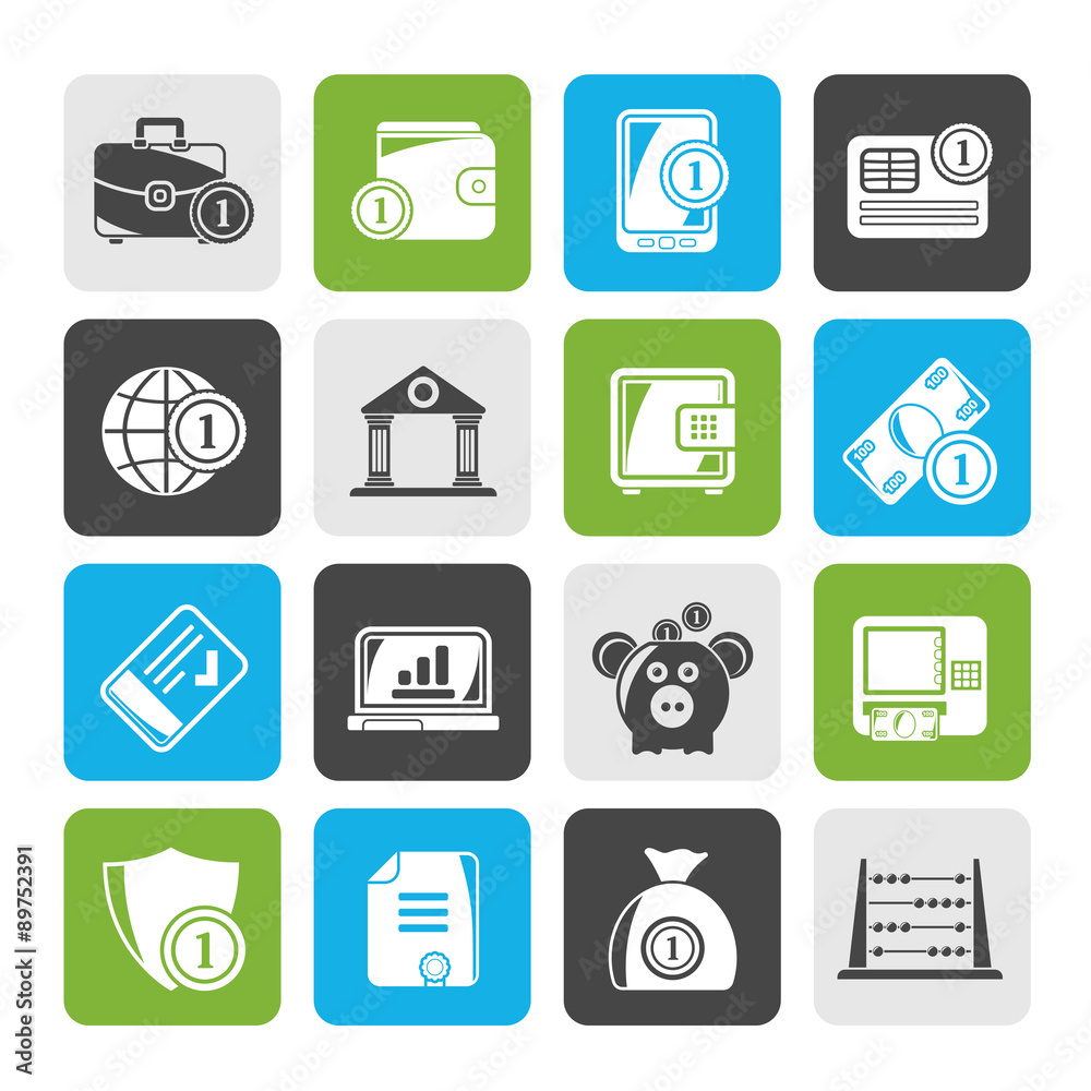 Silhouette Financial, banking and money icons - vector icon set