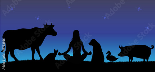 Silhouettes of woman with many animals in night
