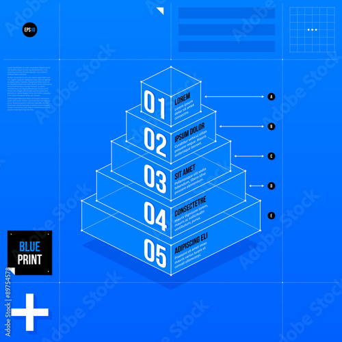 Pyramid chart template with five stages in blueprint style. EPS10