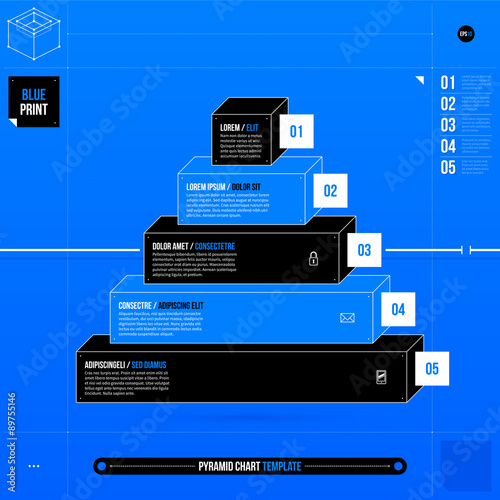 Pyramid chart template in blueprint style with five stages. EPS10.