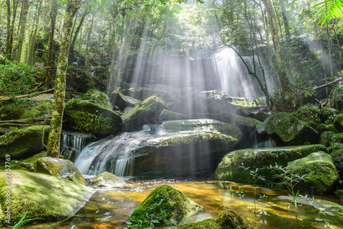 Waterfall with sunbeam in rainforest.