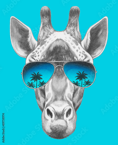 Portrait of Giraffe with mirror sunglasses. Hand drawn illustration.