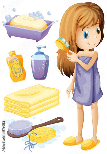 Woman combing hair and bathroom set