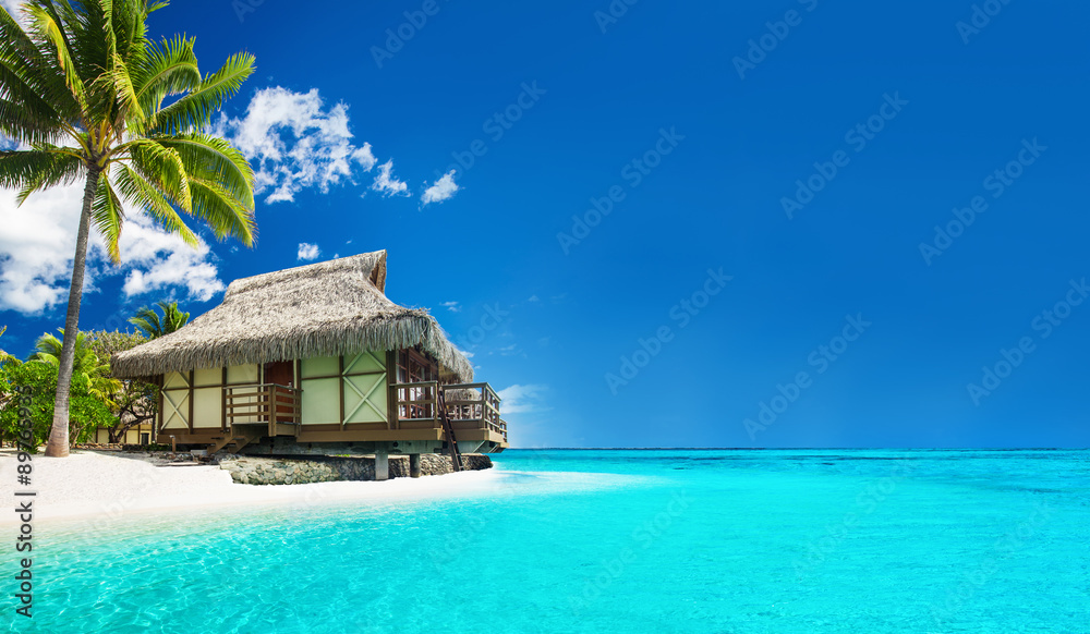 Naklejka premium Tropikalny bungallow na zadziwiającej plaży z drzewkiem palmowym