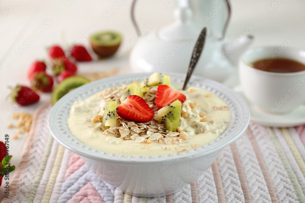 Healthy breakfast with homemade oatmeal, close up