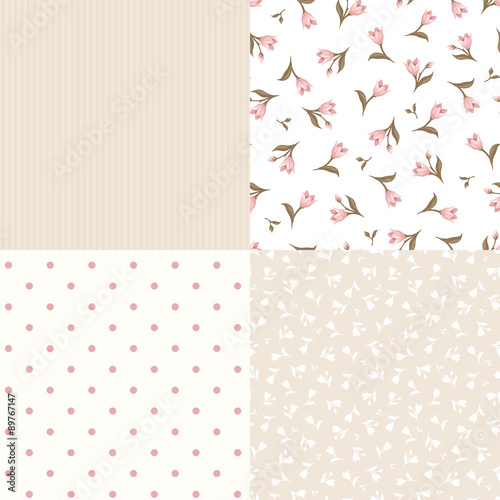 Set of seamless floral and geometric pink and beige patterns.