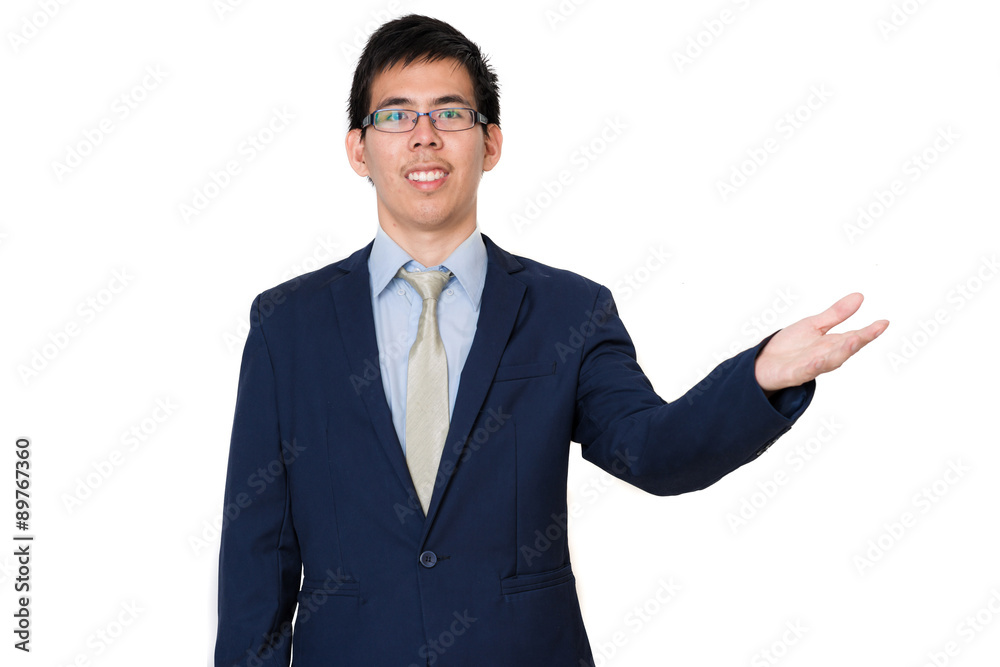 Asian business man in suit presenting Asian business man in suit presenting