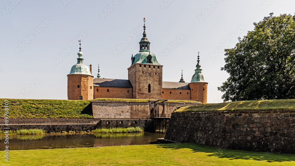 Front view on Kalmar Castle with the moat and bascule bridge.