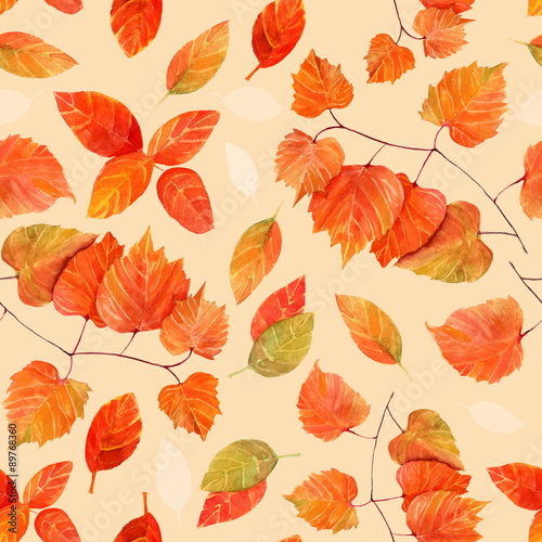 Seamless autumn leaves watercolour pattern  toned