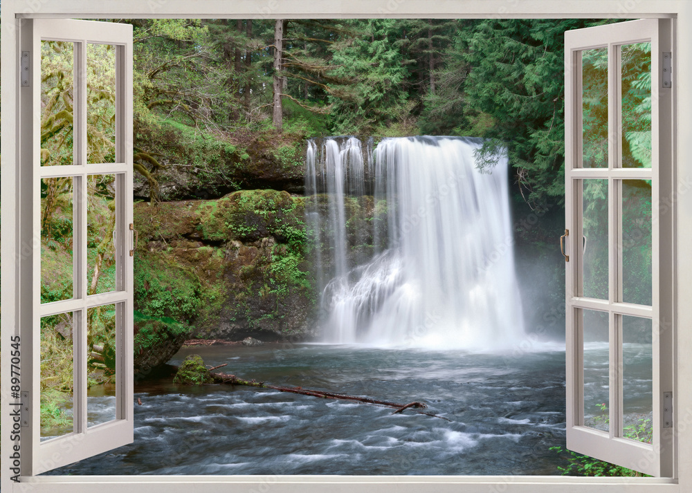 Fototapeta Otwórz okno z widokiem na Upper Notrh Falls i rzekę