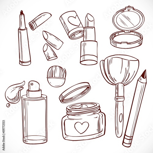 Set of doodles on cosmetics  cream, face powder, lipstick, brush