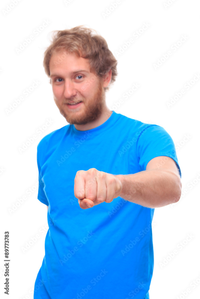 Man doing fist bump on white Man doing fist bump on white