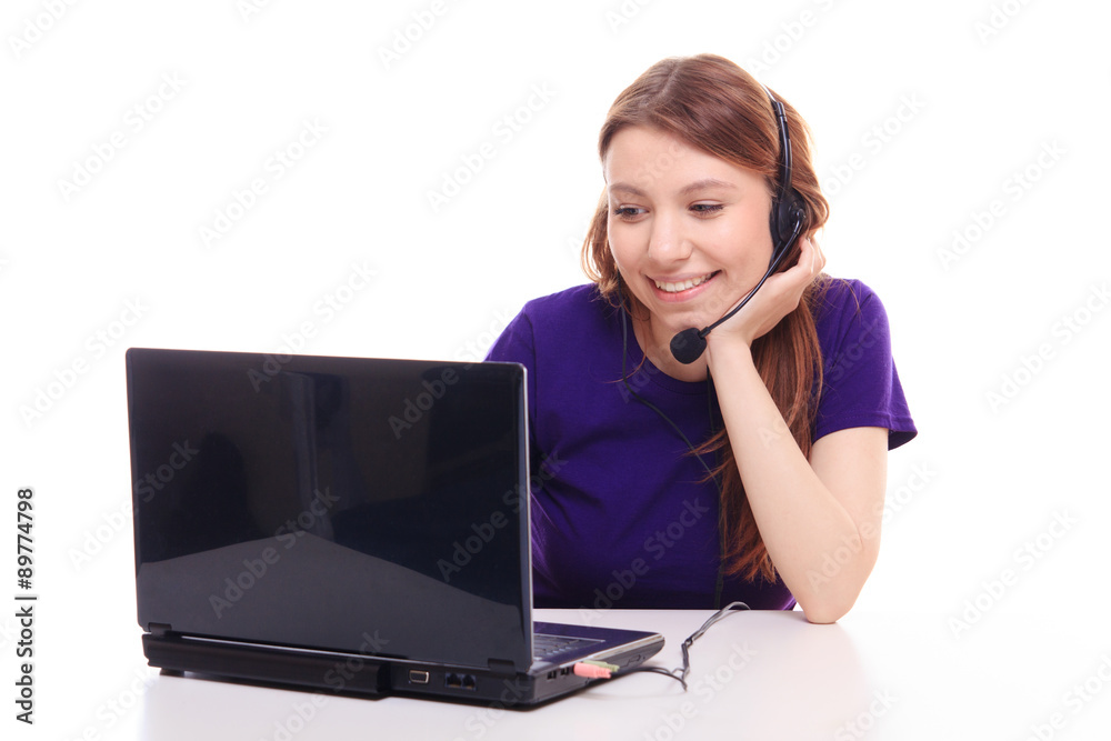 Pretty girl works at the computer Pretty girl works at the computer