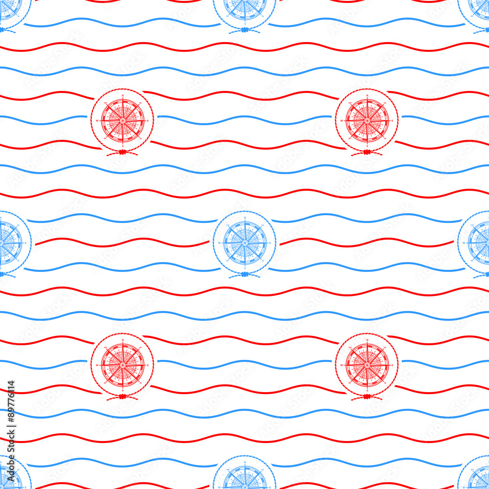 Seamless Pattern with Compass Rose Emblem, Blue and Red Wind Rose on a ...