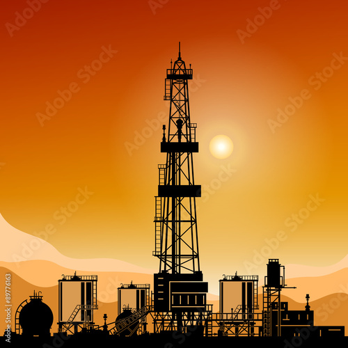 Silhouette Oil or Natural Gas Drilling Rigs on a Background of Mountains at Sunset,Silhouette Drilling Platform with Outbuildings and Tanks and Cisterns , Vector Illustration