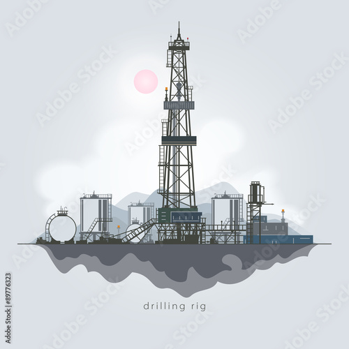 Drilling Rig in the Background of Mountains, Oil Rig, Oil Well Drilling, Oil or Natural Gas Drilling Rigs with Outbuildings and Tanks and Cisterns , Vector Illustration