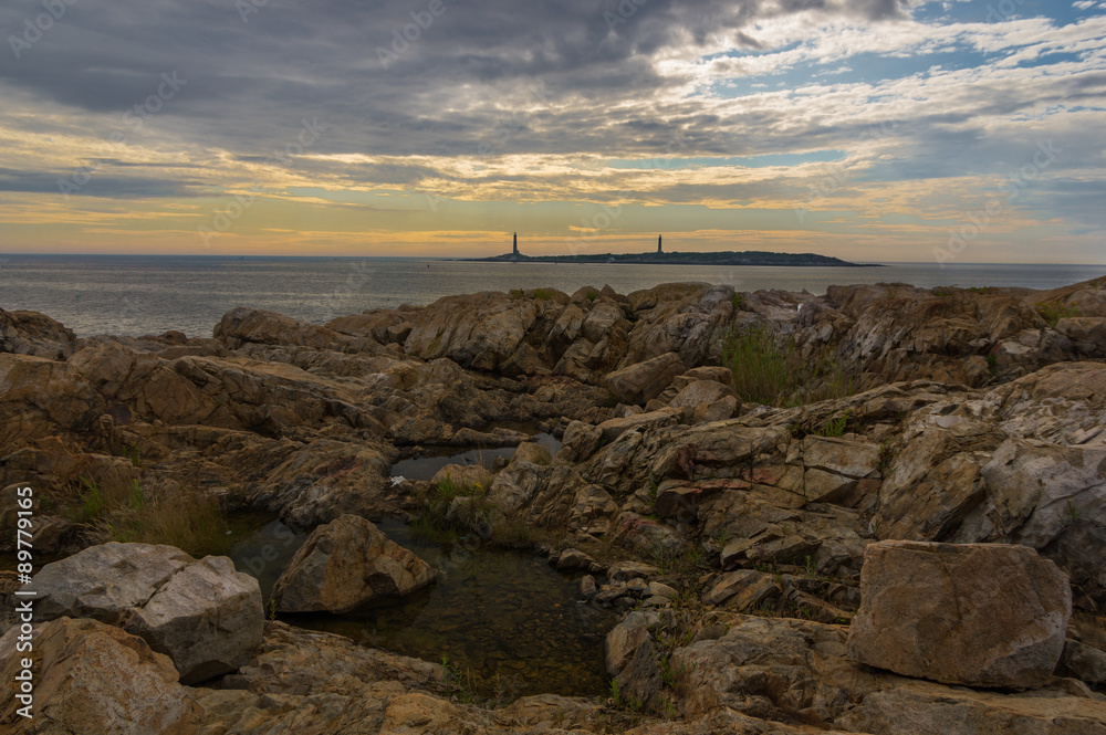 View of Double Lighthouses Off New England Coast