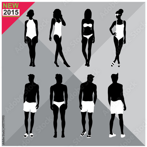 Beachwear / Swimwear swimsuits summer attire women men black silhouettes with white cloths on top,totally editable,set,collection