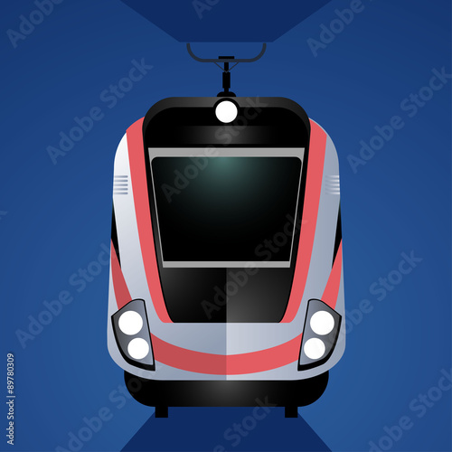 Modern high-speed train isolated on blue background. Front view.