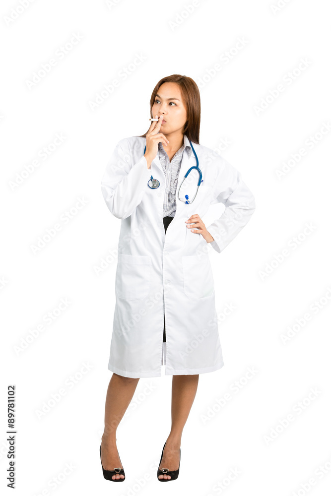 Female Asian Doctor Smoking Cigarette Mouth Full Female Asian Doctor Smoking Cigarette Mouth Full