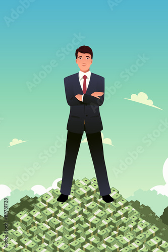 Businessman Standing on Top of Pile of Money