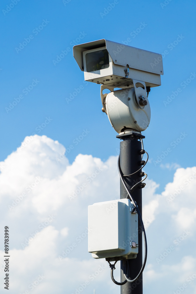 closed circuit camera outdoor on blue sky closed circuit camera outdoor on blue sky