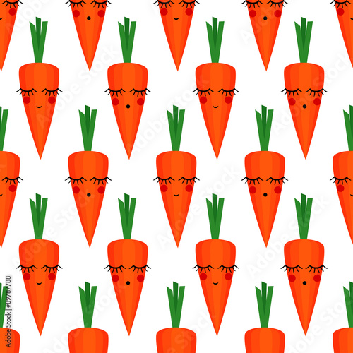Seamless pattern with smiling sleeping carrots for kids holidays. Cute baby shower vector background. Child drawing style vegetables. Vector vegetables background. Bright summer food illustration.