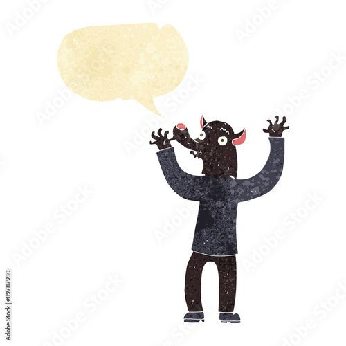 cartoon happy werewolf man with speech bubble